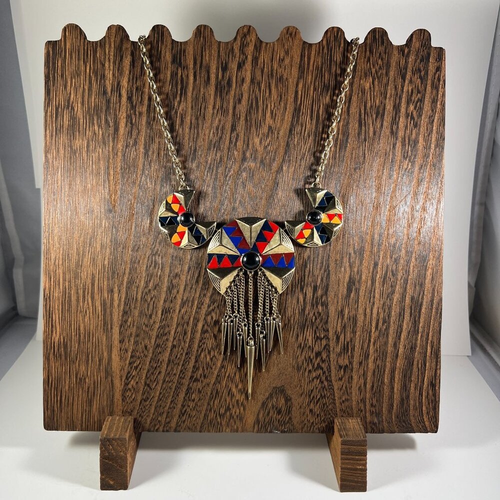 Bold Tribal Statement Necklace With Geometric Enamel Design & Gold-Tone Chain